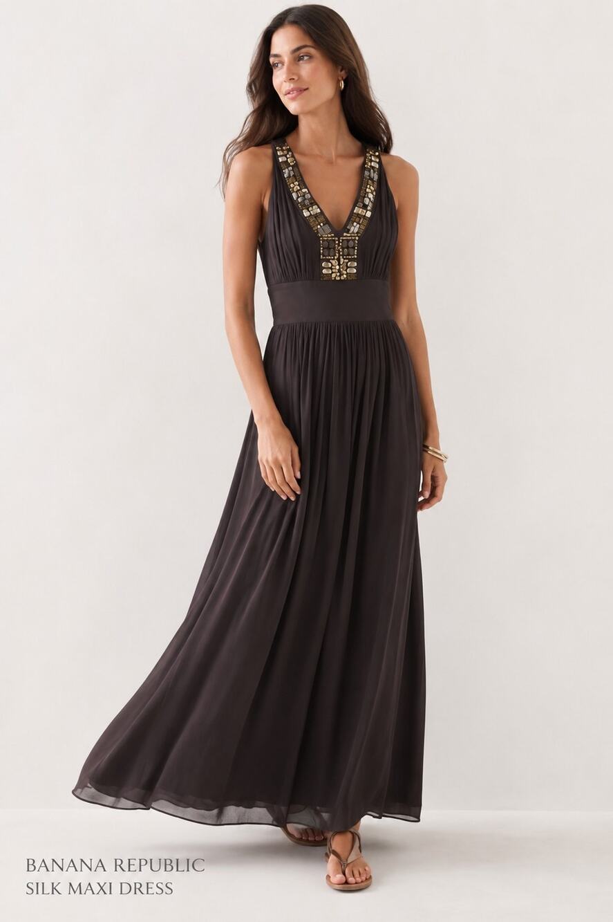 Banana Republic 100% Silk Maxi Dress Sz 10 Womans Brown Halter Metal Beads Boho